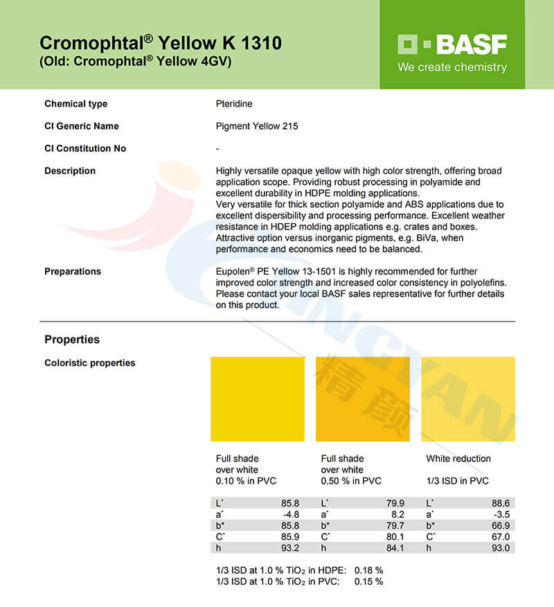 巴斯夫K1310/4GV黃尼龍專用顏料TDS數(shù)據(jù)表