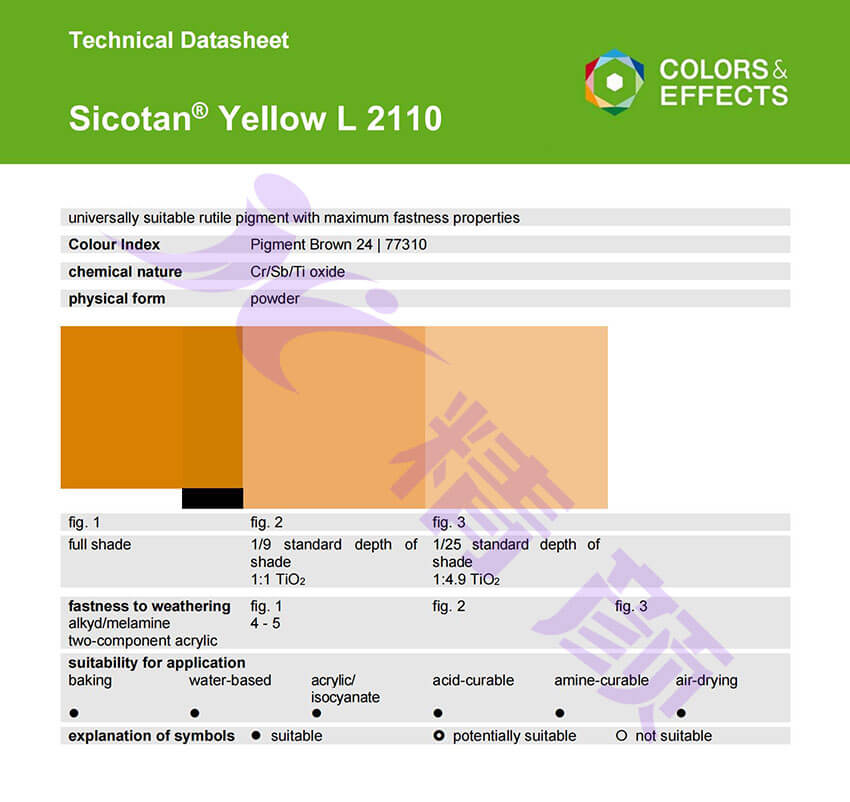 巴斯夫L2110鉻鈦黃顏料TDS技術數據表